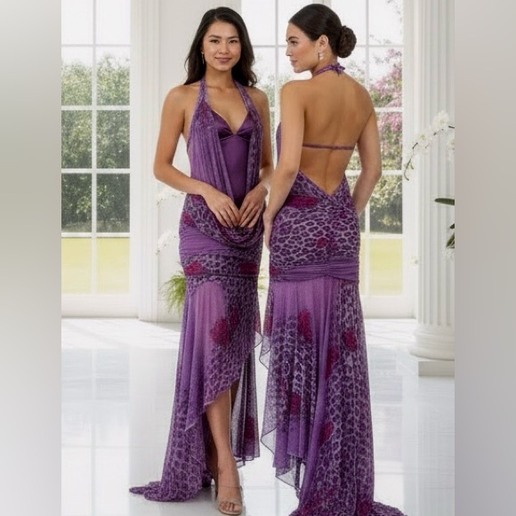 Elegant Purple hand beaded Halter Maxi Dress